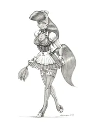 Size: 1036x1400 | Tagged: suggestive, artist:baron engel, derpibooru import, octavia melody, anthro, earth pony, unguligrade anthro, g4, bell, bell choker, big breasts, breasts, busty octavia melody, choker, cleavage, clothes, duster, erect nipples, female, garters, image, jpeg, legwear, maid, maid headdress, monochrome, nipple outline, patreon, patreon reward, pencil drawing, simple background, solo, solo female, stockings, story included, thigh highs, traditional art, white background