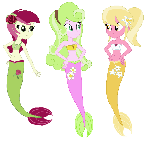 Size: 677x625 | Tagged: safe, artist:ocean lover, artist:selenaede, derpibooru import, daisy, flower wishes, lily valley, roseluck, human, mermaid, equestria girls, g4, bandeau, bare midriff, bare shoulders, base, base used, beautiful, belly, belly button, button, clothes, cutie mark, equestria girls-ified, fins, fish tail, flower, flower in hair, flower trio, girly girl, green eyes, green hair, hand on hip, headband, humanized, image, long hair, looking at each other, looking at someone, mermaid tail, mermay, midriff, ms paint, png, pretty, red hair, simple background, smiling, smiling at each other, tail, tail fin, tanktop, trio, two toned hair, white background, yellow eyes, yellow hair