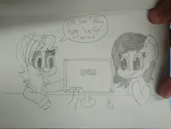 Size: 4000x3000 | Tagged: safe, artist:saikobyte, derpibooru import, oc, oc:anonfilly, oc:dyx, unofficial characters only, alicorn, earth pony, pony, computer, duo, duo female, female, filly, foal, image, jpeg, sitting, table, traditional art