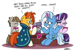 Size: 2385x1632 | Tagged: safe, artist:bobthedalek, derpibooru import, maud pie, mudbriar, starlight glimmer, sunburst, trixie, earth pony, pony, unicorn, g4, card game, cheating, horn, image, newbie artist training grounds, playing card, png, poker face, unamused