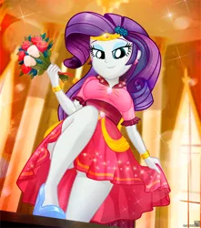 Size: 991x1123 | Tagged: safe, artist:charliexe, derpibooru import, rarity, human, equestria girls, g4, 2d, bedroom eyes, bracelet, breasts, clothes, dress, eyeshadow, female, flower, gala dress, high heels, image, jewelry, jpeg, looking at you, makeup, schrödinger's pantsu, shoes, solo