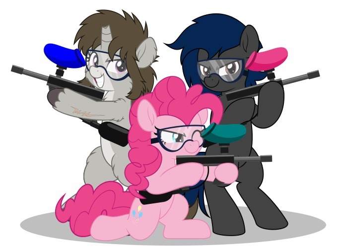 Size: 685x508 | Tagged: safe, artist:jhayarr23, derpibooru import, pinkie pie, oc, oc:bush ranger, oc:paladin ash blossom, earth pony, pony, taiga pony, unicorn, g4, angry, biting, broken horn, cute, duo, female, fluffy, horn, horseshoes, image, jpeg, male, nom, paintball gun, scar, simple background, trio