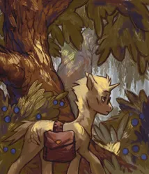 Size: 1095x1280 | Tagged: safe, artist:shanikafaceless, derpibooru import, oc, unofficial characters only, pony, unicorn, bag, forest, glasses, horn, image, jpeg, male, nature, outdoors, saddle bag, solo, stallion, tree
