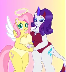 Size: 1512x1650 | Tagged: safe, artist:prixy05, derpibooru import, fluttershy, rarity, anthro, pegasus, unguligrade anthro, unicorn, g4, angel costume, breasts, busty fluttershy, busty rarity, devil costume, duo, duo female, female, flarity, gradient background, holding hands, horn, image, lesbian, png, shipping, spread wings, wings