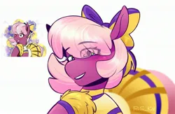 Size: 2943x1916 | Tagged: safe, artist:lrusu, derpibooru import, cheerilee, earth pony, pony, g4, blushing, bow, cheerileeder, cheerleader, cheerleader outfit, clothes, eye clipping through hair, eyebrows, eyebrows visible through hair, female, hair bow, image, jpeg, looking at you, mare, pom pom, skirt, smiling, smiling at you, solo