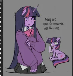 Size: 1121x1151 | Tagged: safe, artist:crimsumire, derpibooru import, twilight sparkle, human, pony, unicorn, g4, art program in frame, bowtie, clothes, eared humanization, headband, horn, horned humanization, humanized, image, jpeg, pony coloring, skirt, sweat, sweater, teary eyes, unicorn twilight