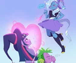 Size: 1700x1400 | Tagged: safe, artist:abbytabbys, derpibooru import, spike, trixie, twilight sparkle, human, g4, blushing, boots, clothes, dialogue, elf ears, female, fin ears, flying, hat, heart, high heel boots, humanized, image, laughing, lesbian, magic, male, png, pony coloring, shipping, shoes, skirt, speech bubble, trio, twilight sparkle is not amused, twixie, unamused, wand, witch hat