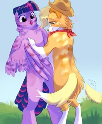 Size: 1400x1700 | Tagged: safe, artist:abbytabbys, derpibooru import, applejack, twilight sparkle, bird, dog, owl, semi-anthro, g4, applejack's hat, bipedal, blushing, cowboy hat, dogified, duo, female, hat, image, lesbian, looking at each other, looking at someone, neckerchief, outdoors, png, ship:twijack, shipping, smiling, smiling at each other, species swap, tail, tail wag, twilight sparkowl