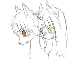 Size: 576x445 | Tagged: safe, artist:calmstate2, derpibooru import, oc, unofficial characters only, pony, unicorn, band-aid on nose, bandaid, blushing, duo, female, horn, image, lip piercing, male, mare, nose piercing, piercing, png, simple background, sketch, snake bites, stallion, white background