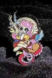 Size: 1161x1753 | Tagged: safe, artist:wuyou, derpibooru import, discord, fluttershy, draconequus, pegasus, pony, g4, abstract background, blushing, craft, discoshy, duo, female, floating heart, heart, hug, hug from behind, image, jpeg, looking at each other, looking at someone, male, mare, shipping, smiling, smiling at each other, spread wings, straight, wings