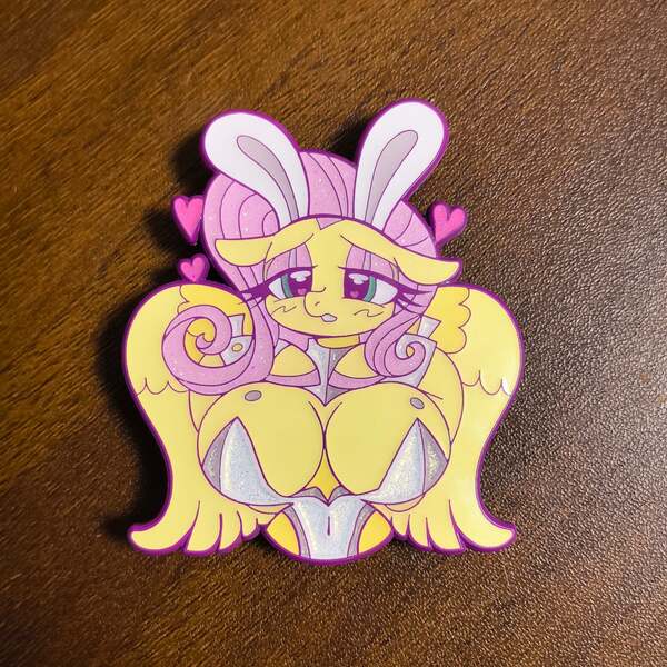 Size: 3072x3072 | Tagged: suggestive, artist:wuyou, derpibooru import, fluttershy, anthro, pegasus, g4, arm hooves, big breasts, blushing, breasts, bunny ears, bunny suit, busty fluttershy, clothes, craft, enamel pin, female, floating heart, floppy ears, heart, image, jpeg, pin, playboy bunny, solo, solo female, spherical breasts