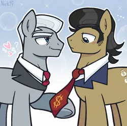 Size: 1312x1300 | Tagged: safe, artist:awessomest29761, derpibooru import, filthy rich, roger silvermane, sterling silver, earth pony, pony, g4, blushing, clothes, duo, duo male, gay, gradient background, image, jpeg, looking at someone, male, males only, my little pony, necktie, ship:silverich, sideburns, stallion