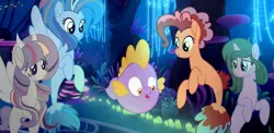 Size: 1280x623 | Tagged: safe, artist:tiatoralite, derpibooru import, oc, oc:cupcake sprinkle pie, oc:heartgem, oc:rainbow rain, oc:universe butterfly, dracony, earth pony, hybrid, pegasus, pony, sea pony, unicorn, bioluminescent, bubble, coral, dorsal fin, female, fin wings, fins, fish tail, horn, image, interspecies offspring, jpeg, looking at each other, looking at someone, mare, ocean, offspring, parent:cheese sandwich, parent:discord, parent:fluttershy, parent:pinkie pie, parent:rainbow dash, parent:rarity, parent:soarin', parent:spike, parents:cheesepie, parents:discoshy, parents:soarindash, parents:sparity, seaponified, seaquestria, seaweed, species swap, tail, underwater, water, wings