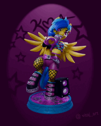 Size: 1080x1350 | Tagged: safe, artist:vitaj, derpibooru import, oc, oc:koa, pegasus, pony, 3d, 3d model, animated, belt, blue eyes, boots, bracelet, chain, choker, clothes, craft, ear piercing, earring, fangs, female, figurine, fishnet clothing, fishnets, glam rock, horseshoes, image, jewelry, legwear, lidded eyes, mare, microphone, midriff, piercing, pink eyes, sculpture, shoes, shorts, singing, socks, solo, speaker, spotlight, spread wings, stage, stockings, thigh highs, webm, wings, yellow coat