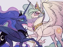 Size: 2560x1919 | Tagged: safe, artist:jugenxiannu196, derpibooru import, princess celestia, princess luna, alicorn, pony, g4, bedroom eyes, blue tongue, blushing, colored tongue, concave belly, crown, duo, duo female, ethereal mane, facing each other, fangs, female, floppy ears, forked tongue, image, incest, jewelry, lesbian, looking at each other, looking at someone, mare, open mouth, open smile, partially open wings, peytral, png, princest, raised hoof, realistic anatomy, realistic horse legs, regalia, royal sisters, shipping, siblings, side view, simple background, sisters, slit pupils, smiling, sparkles, sparkly mane, standing, white background, wings
