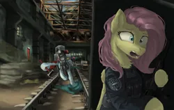 Size: 4058x2560 | Tagged: safe, artist:quatrevingtquatre, derpibooru import, fluttershy, oc, pegasus, pony, g4, armor, background, clothes, cute, duo, escape from tarkov, eyes open, factory, female, gun, hammer, helmet, image, light, looking at something, mare, military, military uniform, open mouth, panic, png, rails, ruins, running, saiga 12k, shotgun, sitting, sledgehammer, spread wings, tagilla, uniform, weapon, wings