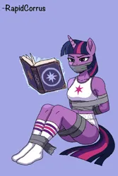 Size: 1664x2496 | Tagged: suggestive, artist:theboundinkling, derpibooru import, twilight sparkle, anthro, plantigrade anthro, unicorn, g4, ai interpretation, bondage, book, bound and gagged, breasts, clothes, duct tape, gag, horn, image, png, signature, simple background, solo, tape, tape bondage, tape gag, tied up, underwear