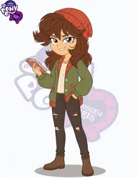 Size: 896x1166 | Tagged: safe, artist:gelians, derpibooru import, oc, unofficial characters only, human, equestria girls, g4, adoptable, beanie, clothes, equestria girls logo, female, g4 logo, grin, hand in pocket, hat, image, jacket, jpeg, lidded eyes, looking at you, my little pony logo, pants, ripped pants, smiling, smiling at you, solo, torn clothes