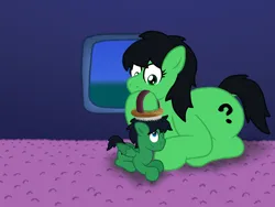 Size: 1600x1200 | Tagged: safe, anonymous artist, derpibooru import, oc, oc:anoncolt, oc:anonmare, unofficial characters only, earth pony, pegasus, pony, g4, brush, brushing, carpet, colt, duo, duo male and female, fat, female, foal, folded wings, image, indoors, lying down, male, mare, mother and child, mother and son, one eye closed, png, prone, skinny, thin, window, wings