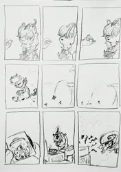 Size: 2233x3177 | Tagged: safe, artist:pony quarantine, derpibooru import, oc, oc:kaumaha ekahi, unofficial characters only, human, kirin, series:pq funnies, candy, chair, comic, comic strip, female, food, glow, glowing horn, grayscale, hair over eyes, horn, image, jpeg, jumping, kirin oc, monochrome, music notes, pencil drawing, record, record player, sitting, smiling, solo focus, traditional art