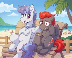 Size: 2048x1636 | Tagged: safe, artist:skysorbett, derpibooru import, oc, oc:easy chord, oc:ford veight, oc:peach bubble, oc:sky sorbet, unofficial characters only, pegasus, pony, anxious, beach, bench, chest fluff, duo focus, fence, image, jpeg, looking at someone, male, ocean, outdoors, palm tree, panic, panicking, pegasus oc, sand, stallion, summer, tree, water
