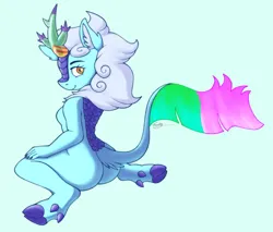 Size: 2238x1911 | Tagged: suggestive, artist:furdy, derpibooru import, oc, oc:polar spark, unofficial characters only, anthro, kirin, unguligrade anthro, g4, amber eyes, anthro oc, barbie doll anatomy, blue coat, blue fur, breasts, butt, cloven hooves, commission, ear fluff, female, horn, image, kirin oc, kneeling, leonine tail, looking at you, looking back, looking back at you, png, small breasts, solo, sultry pose, tail, tail fluff, white mane