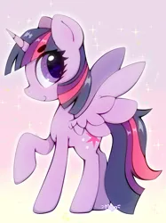 Size: 2048x2731 | Tagged: safe, artist:zokkili, derpibooru import, twilight sparkle, twilight sparkle (alicorn), alicorn, pony, g4, beanbrows, big ears, big eyes, cute, eye clipping through hair, eyebrows, eyebrows visible through hair, eyelashes, female, filly, foal, freckles, gradient background, head tilt, image, jpeg, looking at you, mare, raised hoof, shiny mane, shiny tail, side view, smiling, smiling at you, solo, sparkles, sparkly background, sparkly eyes, spread wings, standing on three hooves, twiabetes, wingding eyes, wings, younger