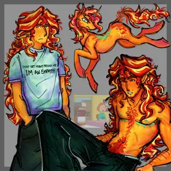 Size: 2048x2048 | Tagged: safe, artist:shimmerclaws_, derpibooru import, sunset shimmer, human, pony, equestria girls, g4, body hair, clothes, image, jpeg, partial nudity, rule 63, scar, self paradox, simple background, solo, sunset glare, surgery scar, top scars, topless, trans sunset shimmer, transmasculine, two toned hair