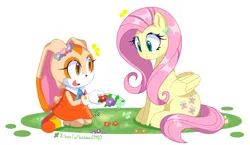 Size: 2350x1359 | Tagged: safe, artist:x-less, derpibooru import, fluttershy, anthro, pegasus, pony, rabbit, g4, animal, cream the rabbit, crossover, cute, duo, duo female, female, floral head wreath, flower, flower in hair, folded wings, image, looking at each other, looking at someone, mare, png, shyabetes, simple background, smiling, smiling at each other, sonic the hedgehog (series), white background, wings