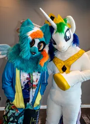 Size: 1920x2648 | Tagged: safe, derpibooru import, princess celestia, oc, oc:phoenix redtail, human, g4, 2026, fursuit, image, indoors, irl, irl human, jewelry, jpeg, photo, ponysuit, regalia, solo