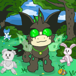 Size: 1920x1920 | Tagged: safe, artist:nhale, derpibooru import, oc, oc:blep synus, bear, bee, changeling, fox, insect, rabbit, animal, animated, changeling oc, commission, forest, forest background, gif, green eyes, image, jewelry, nature, pendant, plushie, tree, vitiligo, when you see it, ych result