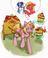 Size: 2248x2748 | Tagged: safe, artist:pledus, artist:pledus_, derpibooru import, big mcintosh, shining armor, oc, oc:home defence, earth pony, pony, unicorn, g4, apple, blushing, cart, commission, eyebrows, eyebrows visible through hair, female, food, fusion, fusion:big mcintosh, fusion:shining armor, horn, image, jpeg, magic, male, mare, stallion, sweat, telekinesis, thought bubble, trio