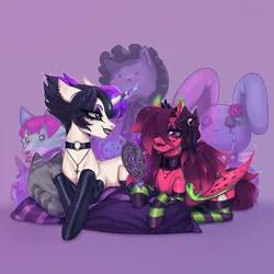 Size: 3000x3000 | Tagged: safe, artist:toray, derpibooru import, oc, oc:caseydragon, oc:toray, oc:vixora, unofficial characters only, dracony, dragon, hybrid, pony, unicorn, alt, bow, choker, clothes, crown, cute, eyeshadow, glow, glowing horn, goth, gothic, hair bow, horn, image, jewelry, legwear, lipstick, magic, makeup, mascara, mirror, necklace, piercing, pillow, pitaya, plushie, png, ponysona, regalia, sleepover, socks, stockings, striped socks, thigh highs, wings
