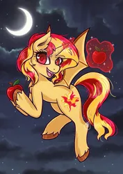 Size: 2140x3019 | Tagged: safe, artist:inkbatcreations, derpibooru import, sunset shimmer, bat pony, pony, g4, apple, bat ponified, bat wings, cloven hooves, female, flying, food, heart, heart eyes, image, jpeg, looking at you, magic, mare, moon, night, night sky, open mouth, open smile, race swap, red eyes, shimmerbat, sky, smiling, smiling at you, solo, telekinesis, two toned mane, wingding eyes, wings, yellow coat