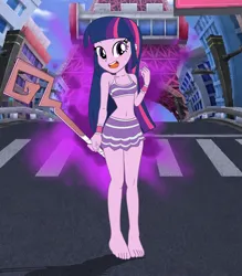 Size: 3500x4000 | Tagged: safe, artist:iloveladies2, artist:riiefu, derpibooru import, twilight sparkle, equestria girls, g4, bare midriff, barefoot, clothes, embarrassed, embarrassed underwear exposure, feet, image, jpeg, nuga-cel, nuga-cel!, striped underwear, underwear