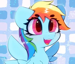 Size: 2048x1755 | Tagged: safe, artist:zokkili, derpibooru import, rainbow dash, pegasus, pony, g4, beanbrows, big ears, big eyes, bust, chest fluff, chromatic aberration, cute, dashabetes, eye clipping through hair, eyebrows, eyebrows visible through hair, eyelashes, female, filly, filly rainbow dash, floppy ears, foal, image, jpeg, looking at someone, looking at something, mare, open mouth, open smile, shiny mane, smiling, solo, sparkles, sparkly background, sparkly eyes, spread wings, wingding eyes, wings, younger