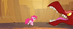 Size: 2715x1080 | Tagged: safe, composite screencap, derpibooru import, edit, edited screencap, screencap, pinkie pie, dragon, earth pony, pony, do princesses dream of magic sheep, g4, season 5, dream, female, forest, image, mare, my little pony, nature, open mouth, png, red dragon, tree