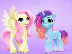 Size: 1779x1335 | Tagged: safe, artist:swirlmlp69768, derpibooru import, fluttershy, misty brightdawn, pegasus, pony, unicorn, g4, g5, blue eyes, cute, duo, duo female, female, freckles, g4 to g5, generation leap, gradient background, gradient mane, green eyes, horn, image, jpeg, misty and her heroine, mistybetes, open mouth, pink mane, purple background, rebirth misty, shyabetes, spread wings, unshorn fetlocks, wingding eyes, wings