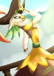 Size: 1280x1792 | Tagged: safe, artist:dusktailproductions, derpibooru import, captain celaeno, anthro, bird, ornithian, parrot, g4, my little pony: the movie, clothes, complex background, deviantart watermark, ear piercing, earring, female, hat, image, jewelry, jpeg, lidded eyes, obtrusive watermark, piercing, pirate hat, scenery, signature, solo, sword, watermark, weapon
