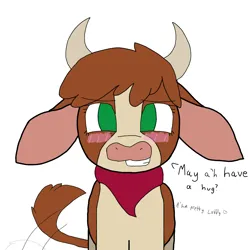 Size: 2048x2048 | Tagged: safe, artist:adam_816624, derpibooru import, arizona cow, cow, them's fightin' herds, arizona (tfh), arizonadorable, bandana, blush lines, blushing, bronybait, community related, cute, daaaaaaaaaaaw, derpibooru exclusive, dialogue, eyebrows, eyebrows visible through hair, female, grin, heart, horns, hug request, ibispaint, image, looking at you, png, simple background, smiling, solo, tail, tail wag, talking to viewer, white background