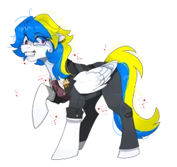 Size: 1349x1280 | Tagged: artist needed, semi-grimdark, derpibooru import, oc, oc:pureheart clearview, oc:素心昭昭, unofficial characters only, pegasus, pony, badge, clothes, creepy, female, grin, image, insanity, mare, nightmare fuel, png, simple background, smiling, suit, teeth, transparent background