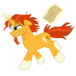 Size: 2280x2280 | Tagged: safe, artist:wolflly, derpibooru import, sunburst, pony, unicorn, g4, 2025, alternate universe, beard, blue eyes, facial hair, floppy ears, furrowed brow, glasses, horn, image, injured, long tail, magic, male, multicolored fur, orange beard, orange fur, orange mane, orange tail, paper, png, round glasses, running, short mane, simple background, stallion, tail, teeth, telekinesis, transparent background, two toned mane, two toned tail, vector
