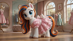 Size: 1280x720 | Tagged: safe, ai generated, generator:google omni, prompter:iwtcipp, oc, oc:pipette, unofficial characters only, earth pony, pony, animated, clothes, day, dress, earth pony oc, female, image, indoors, looking at you, mare, mirror, photorealistic, realistic, shoes, solo, sound, video, webm, window