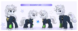 Size: 12500x5000 | Tagged: safe, artist:kodikins, derpibooru import, oc, oc:moondrop mist, unofficial characters only, unicorn, fallout equestria, butt, clothes, cocky, confident, derpibooru exclusive, fallout, horn, image, jpeg, jumpsuit, pip-boy, plot, reference sheet, side view, smiling, unicorn oc, vault suit