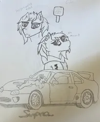 Size: 3987x4871 | Tagged: safe, alternate version, artist:mh148, derpibooru import, oc, oc:sam, earth pony, car, clothes, female to male, hoodie, image, jpeg, male, pencil drawing, rule 63, solo, supra, traditional art, trans male, transgender, vehicle