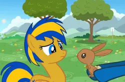 Size: 1103x725 | Tagged: safe, artist:mlpfan3991, artist:ry-bluepony1, derpibooru import, oc, oc:flare spark, oc:train track, unofficial characters only, pegasus, rabbit, unicorn, animal, female, flower, horn, image, jpeg, male, outdoors, tree