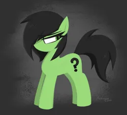Size: 1988x1790 | Tagged: safe, artist:madragon, derpibooru import, oc, oc:anonfilly, unofficial characters only, earth pony, pony, abstract background, female, filly, foal, gray background, image, looking back, no catchlights, no mouth, png, question mark, solo