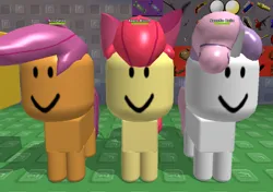 Size: 964x680 | Tagged: safe, derpibooru import, apple bloom, scootaloo, sweetie belle, earth pony, pony, unicorn, g4, 3d, cutie mark crusaders, female, filly, foal, game screencap, horn, image, png, roblox, text, trio, trio female