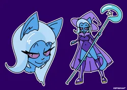 Size: 1520x1080 | Tagged: safe, artist:kefirnight, derpibooru import, trixie, anthro, cat, g4, :3, cape, cat ears, clothes, eye clipping through hair, female, furry, hat, image, outline, png, purple background, simple background, trixie's cape, trixie's hat, white outline