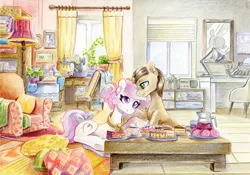 Size: 1428x1000 | Tagged: safe, artist:maytee, derpibooru import, oc, unofficial characters only, cat, earth pony, pony, unicorn, bow, cake, calendar, clothes, couch, curtains, desk lamp, duo, female, food, horn, image, lamp, looking at each other, looking at someone, lying down, mare, pillow, png, potted plant, prone, scarf, sewing machine, smiling, smiling at each other, tail, tail bow, typewriter, window